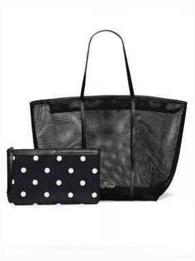 PINK Victoria's Secret Black Mesh Tote Bag With Polka Dot Pouch Set- NWT